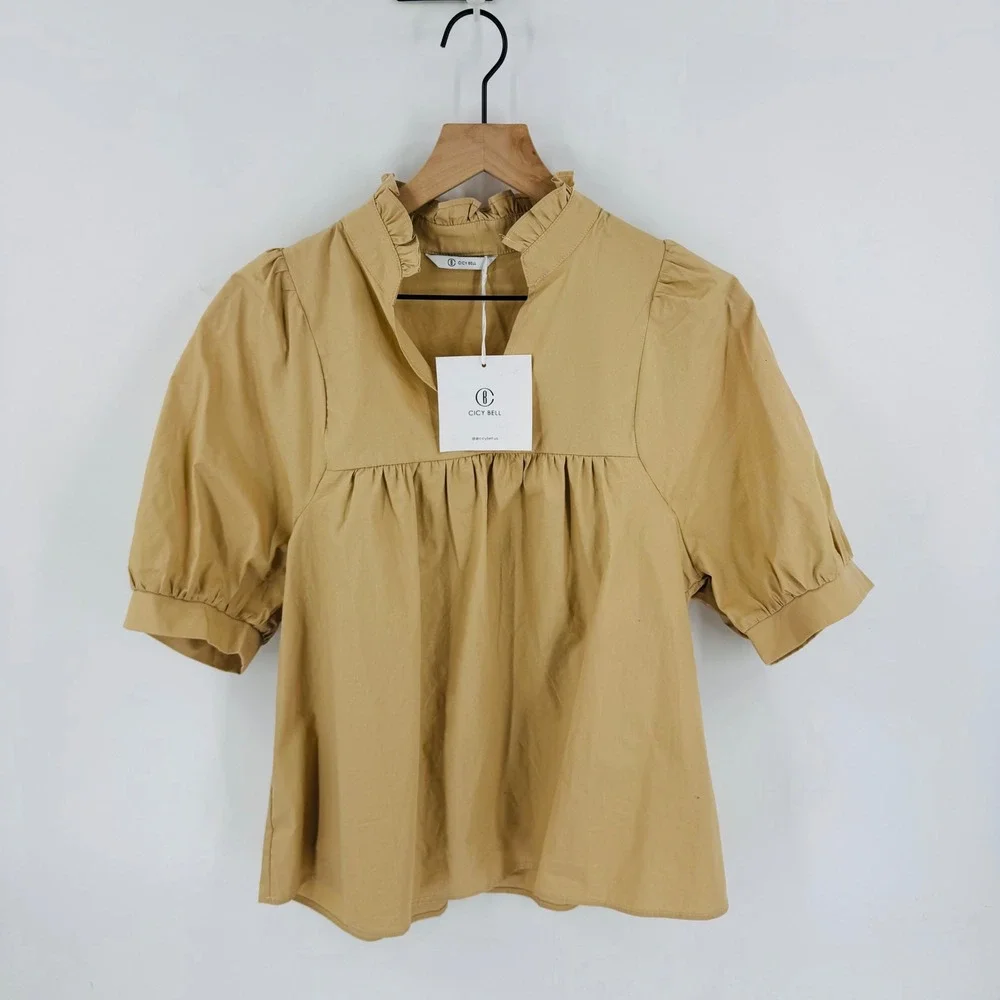 Cicy Bell Tan Babydoll Peasant Top NWT Size S Ruffle Puff Sleeve Neutral Capsule - Picture 10 of 10